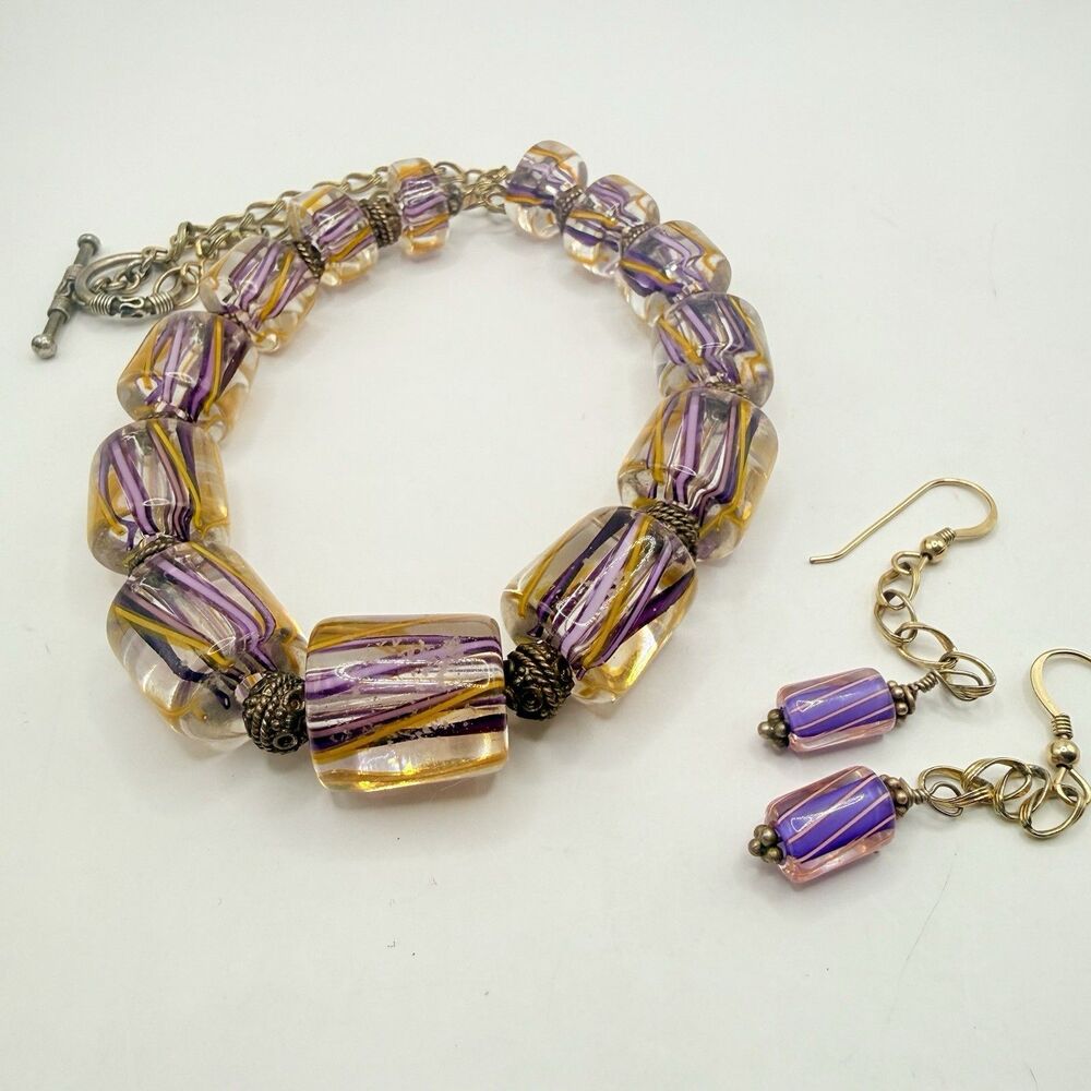 Vintage Venetian Style Purple Gold Art Glass Necklace Earrings Set Boho 14K GF